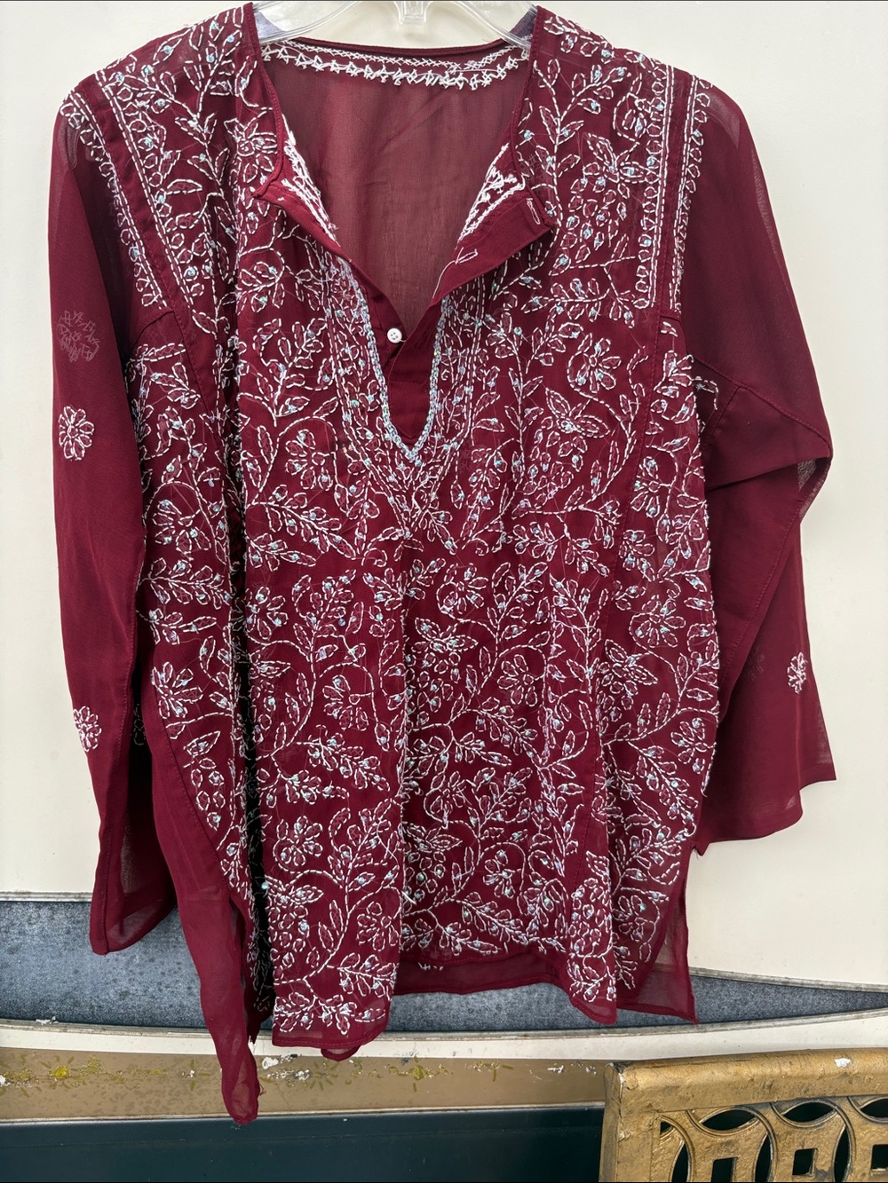 Womens Embroidered V-Neck Peasant Top - Burgundy - Picture 2 of 5